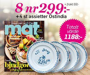 Tidningspremie: Allt om Mat - 8 nr + 4-pack klassiska assietter från Rörstrands serie Ostindia för endast 299 kr