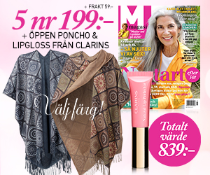 5 nr av M-magasin för endast 199 kr + öppen poncho och ett lipgloss från Clarins Återbäring