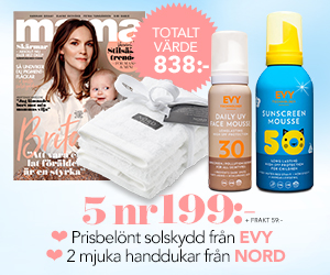 Tidningspremie: Mama - 5 nr + 2 solprodukter från Evy & 2-pack Frottéhanddukar från NORD